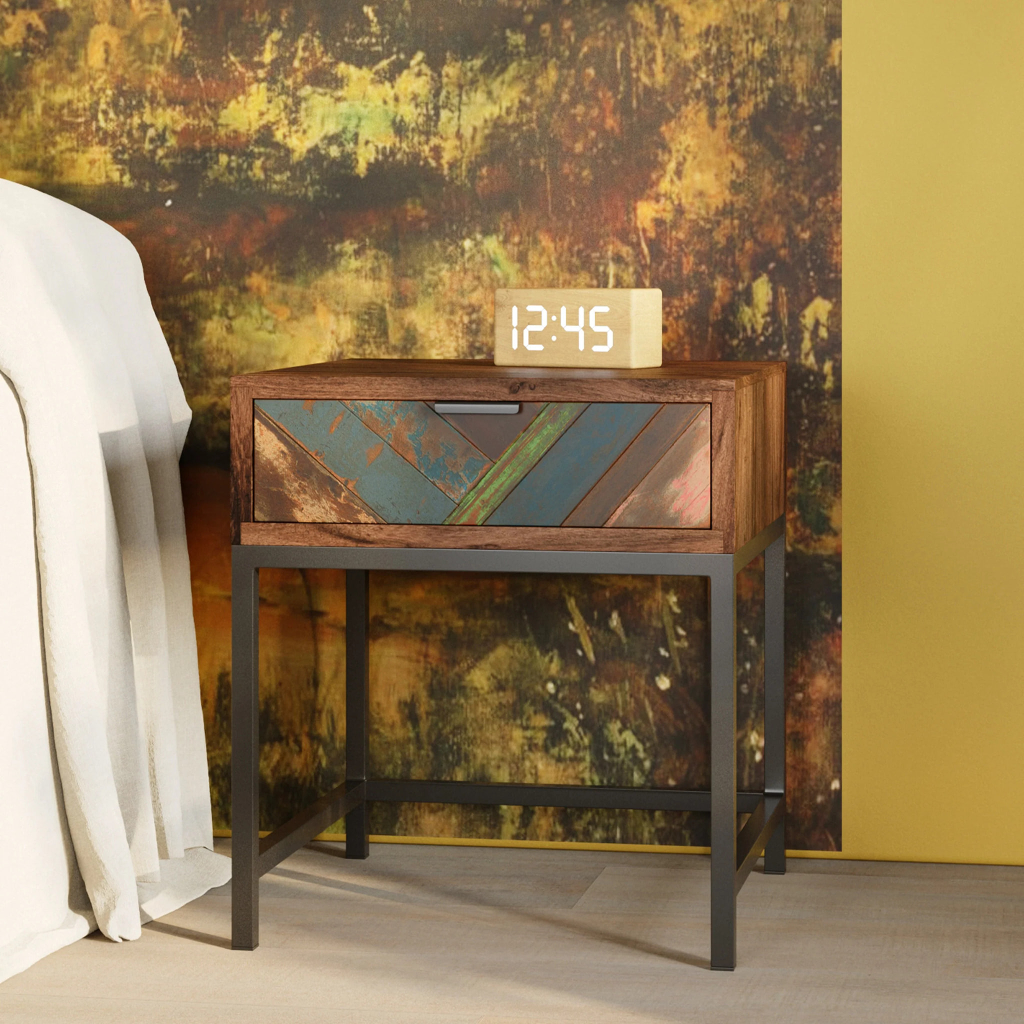 Table de chevet 1 tiroir en bois d'acacia et bois recyclé - Krabi