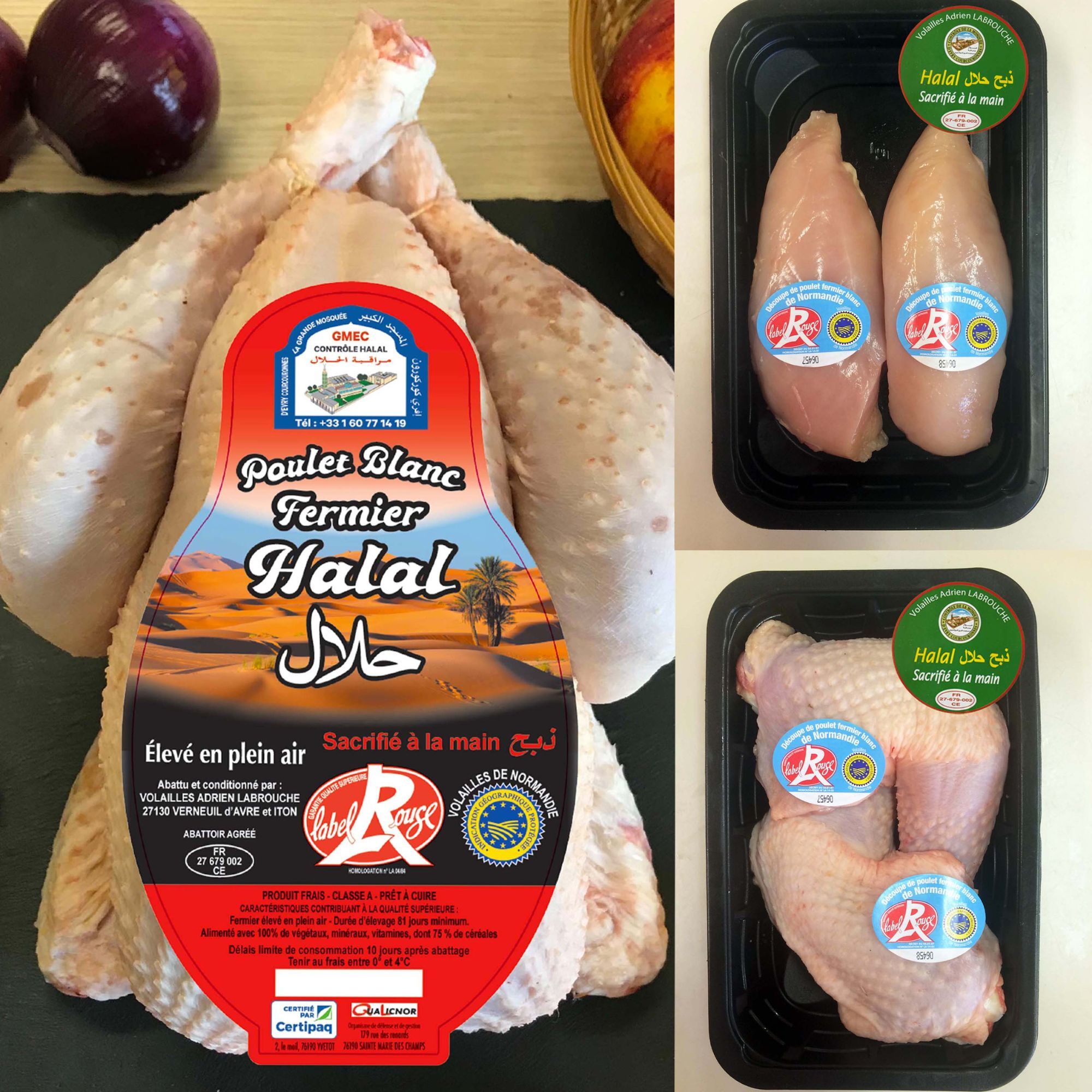 Colis Poulet Halal : Poulet Fermier Label Rouge 1,4kg + Filet Poulet Fermier Blanc Halal 2x300g + Cuisses de Poulet 2x500g - 3kg - France