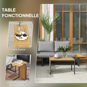 Ensemble salon de jardin 4 places modulable réglable avec table basse acier gris bois d'acacia verni