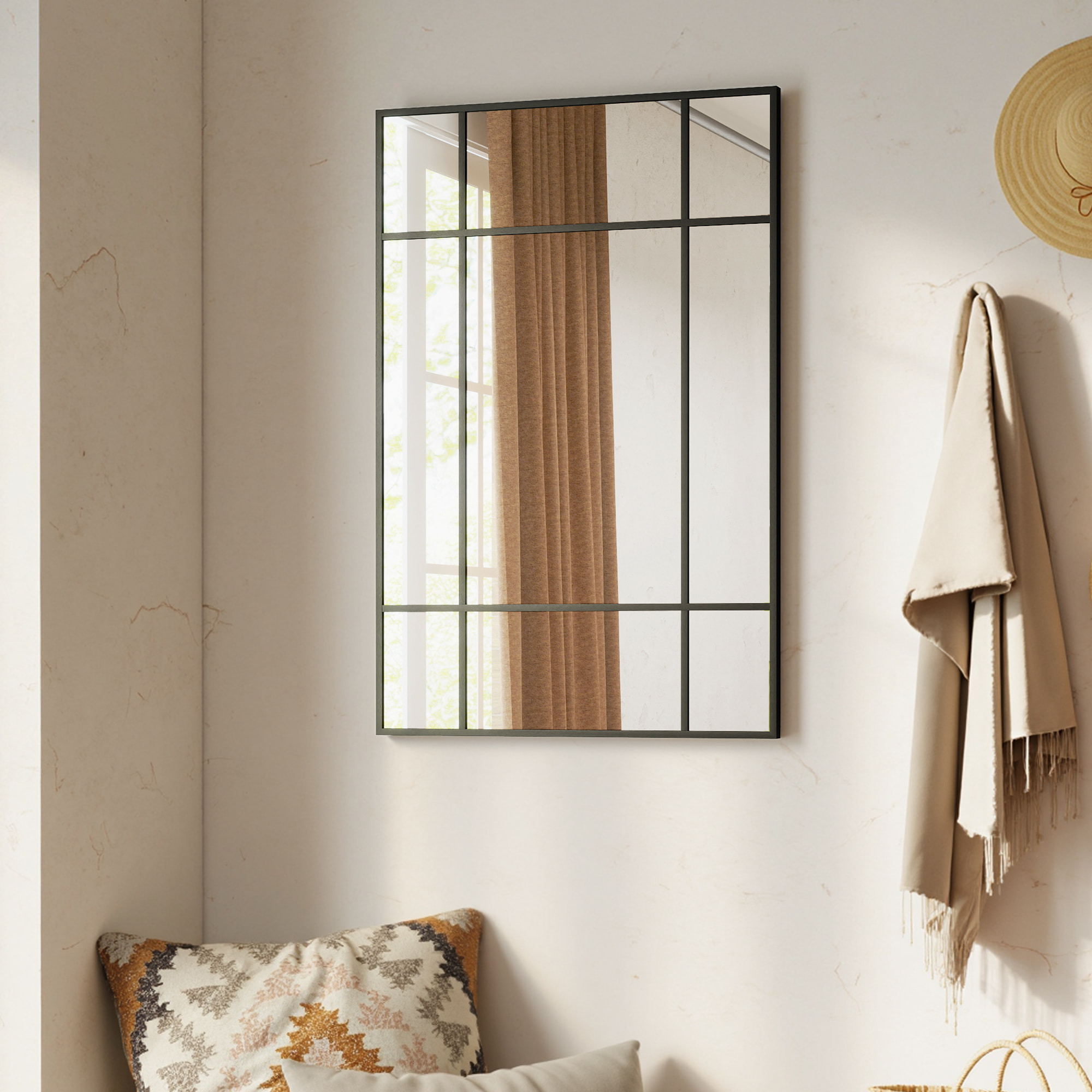 Miroir mural verrière rectangulaire - installation horizontal ou vertical - 4 crochets - 90 x 60 cm - métal noir