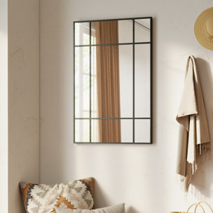 Miroir mural verrière rectangulaire - installation horizontal ou vertical - 4 crochets - 90 x 60 cm - métal noir