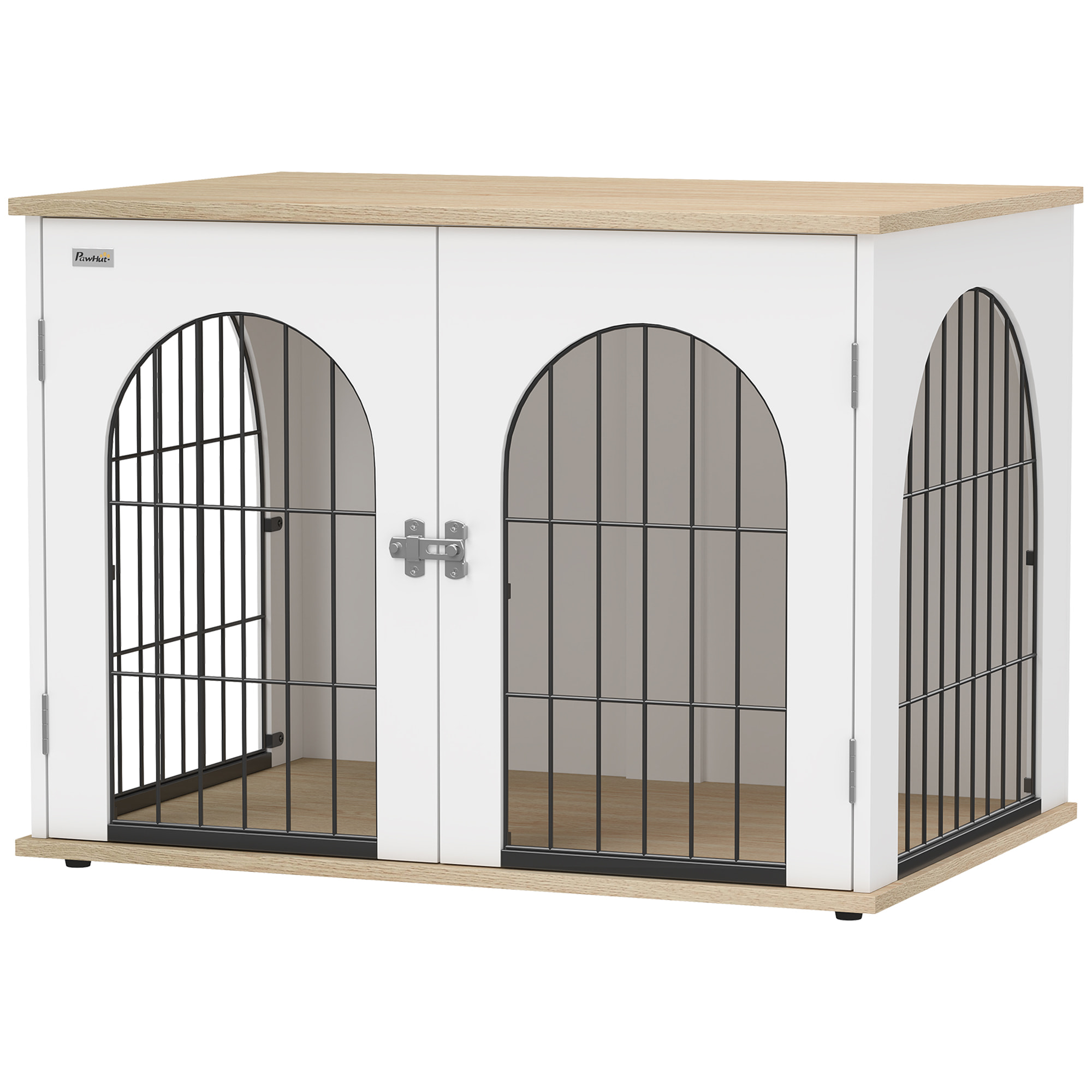 Cage d'intérieur pour chien 80 x 56 x 59 cm 2 portes 2 fenêtres blanc effet bois clair