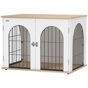 Cage d'intérieur pour chien 80 x 56 x 59 cm 2 portes 2 fenêtres blanc effet bois clair
