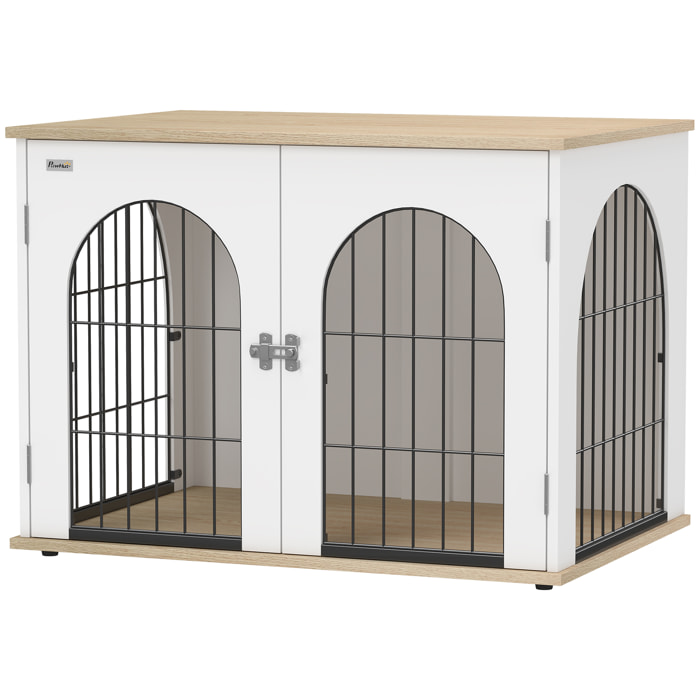 Cage d'intérieur pour chien 80 x 56 x 59 cm 2 portes 2 fenêtres blanc effet bois clair