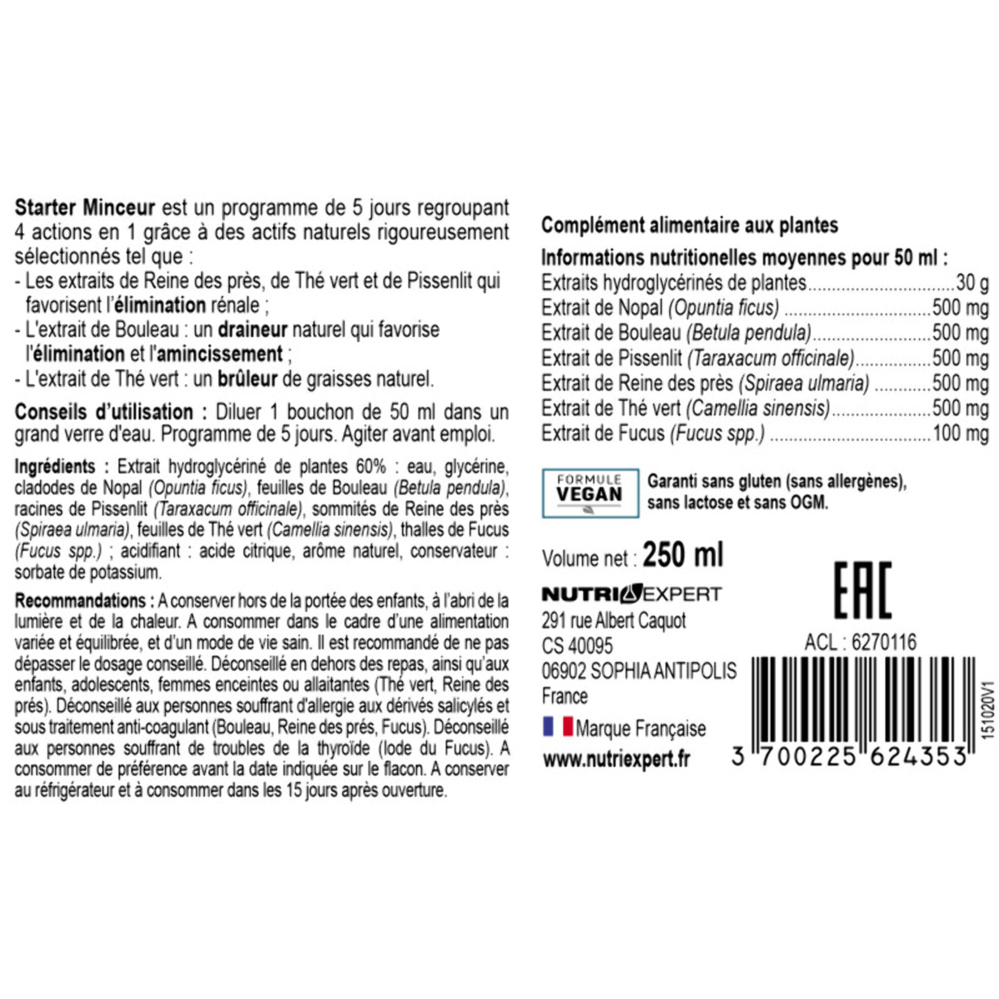 EFFINESS - Starter Minceur - Active l'élimination et l'amincissement - Détoxifie l'organisme - 13 extraits de plantes - Cure 5 jours - Flacon de 250ml - Lot de 3
