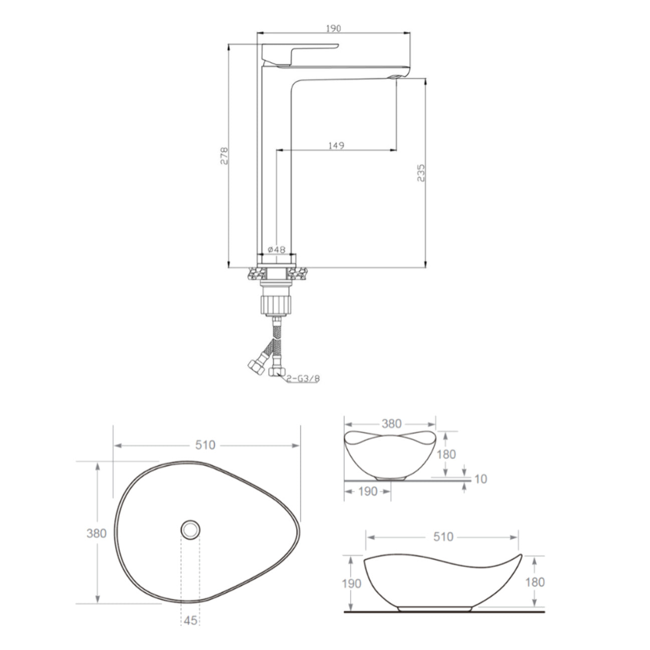 PixL 51x38x19 cm vasque à poser + Swiss Aqua Technologies Mood mitigeur lavabo XL + Ceramia PixL bonde (CEPX505GRMSAT285C)