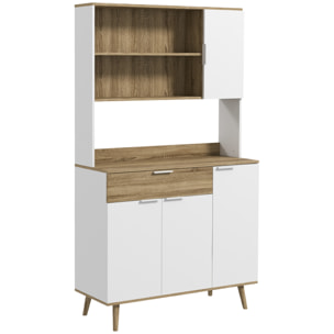 Alacena de Cocina Alta, Mueble Auxiliar de Cocina con 4 Puertas, Estantes Ajustables, Cajón, Compartimentos Abiertos, 98x39x180 cm, Blanco y Natural