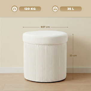 Puff Almacenaje, Banco Almacenaje Plegable, 35 L, 38x38x38 cm, Tapizado en Terciopelo, Baúl de Almacenamiento Redondo, Carga 120 kg, Taburete para Sala de Estar, Dormitorio, Entrada, Crema