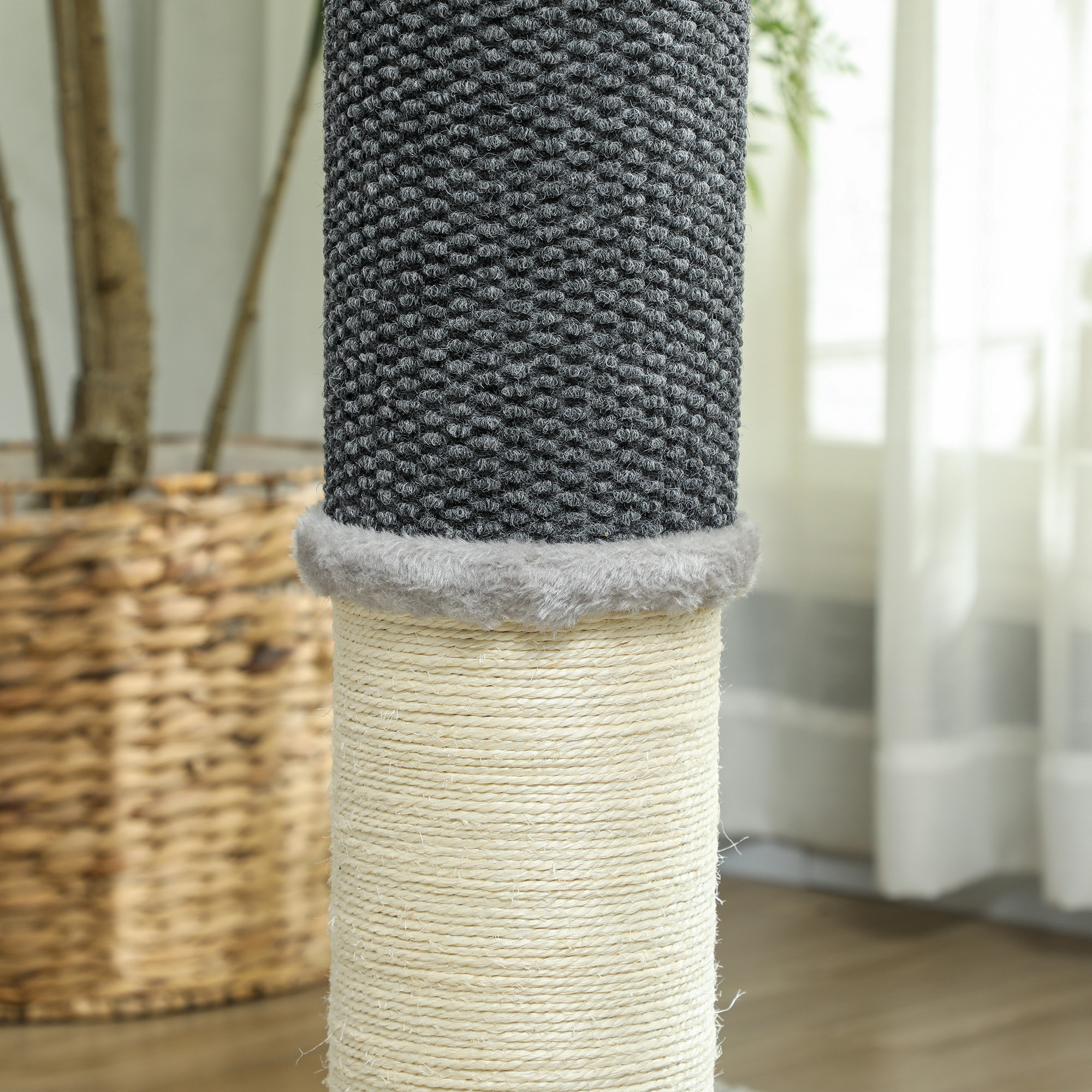 Poste Rascador para Gatos 85 cm Arañador para Gatos con Poste de Sisal Cepillo de Auto Acicalado y Bola de Juguete Gris y Crema