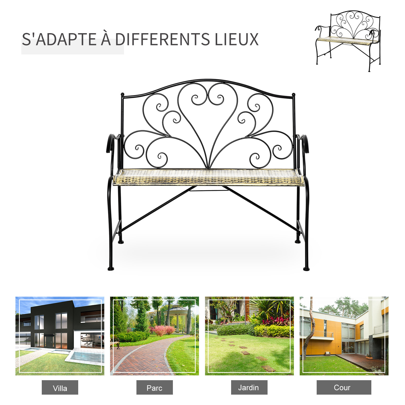 Banc de jardin 2 places style néo-rétro fer forgé lignes fuselées métal noir doré effet vieilli