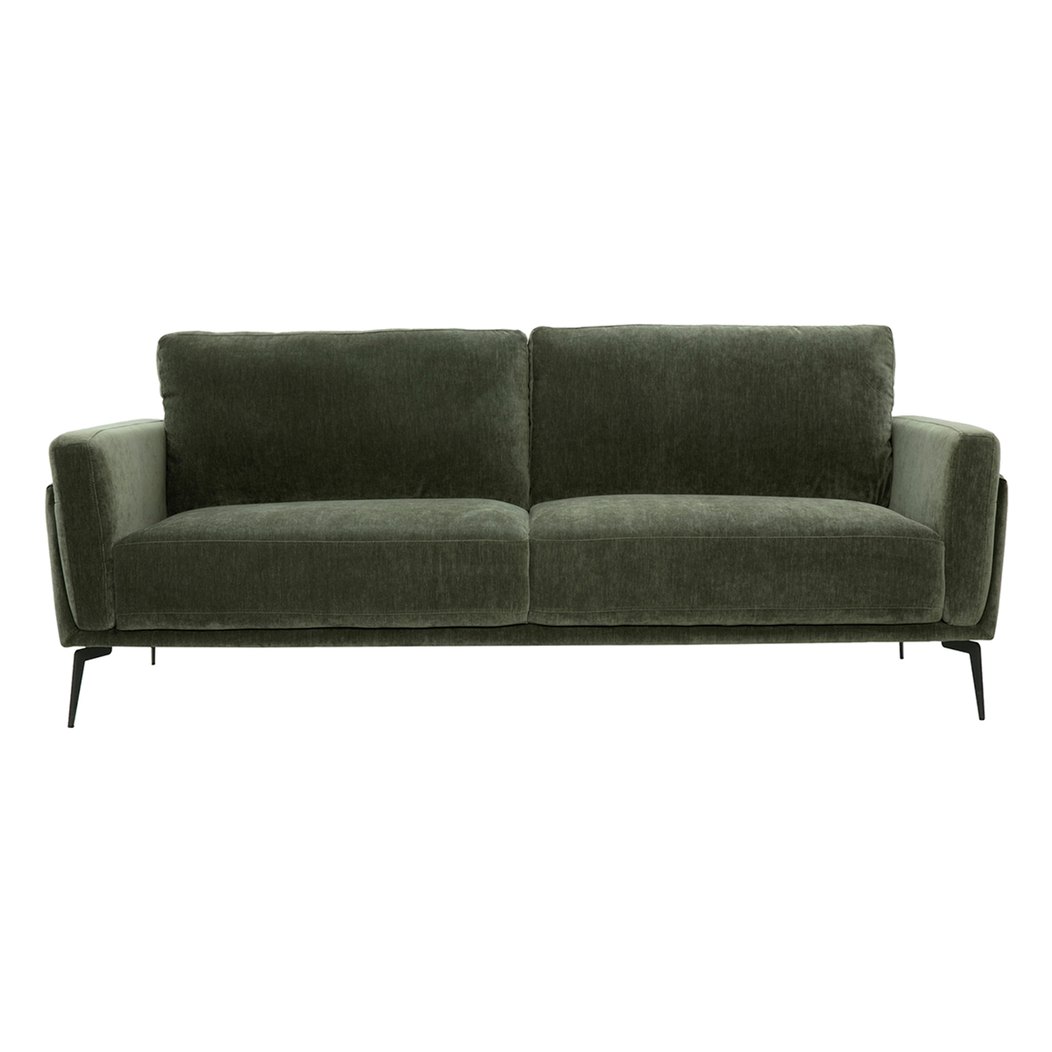 Canapé design 3 places en tissu effet velours vert kaki et métal noir MOSCO