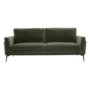 Canapé design 3 places en tissu effet velours vert kaki et métal noir MOSCO