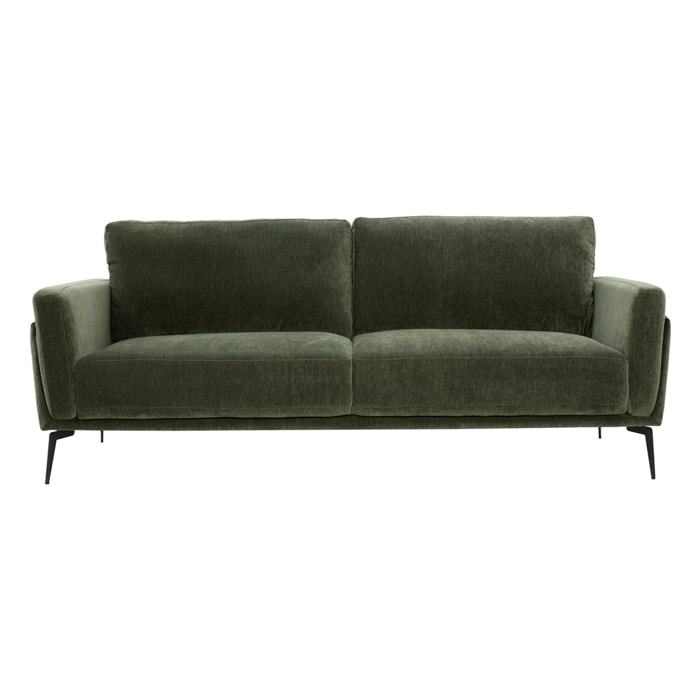 Canapé design 3 places en tissu effet velours vert kaki et métal noir MOSCO
