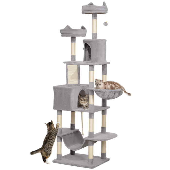 Árbol Rascador para Gatos Grande Altura 206 cm Árbol para Gatos Torre para Gatos con Plataformas Cuevas Bolas Colgantes y Hamacas Gris Claro