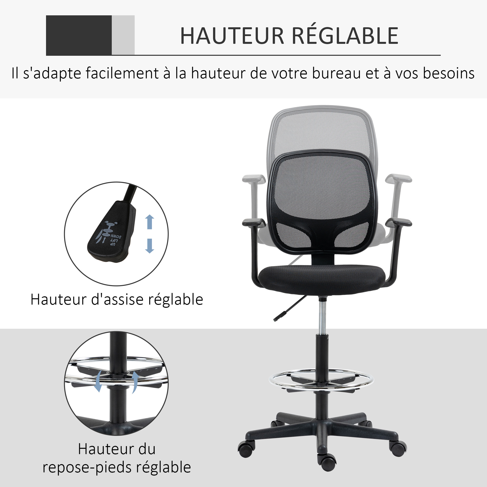 Chaise bureau ergonomique assise haute réglable 110-132cm pivotant 360° maille respirante noir