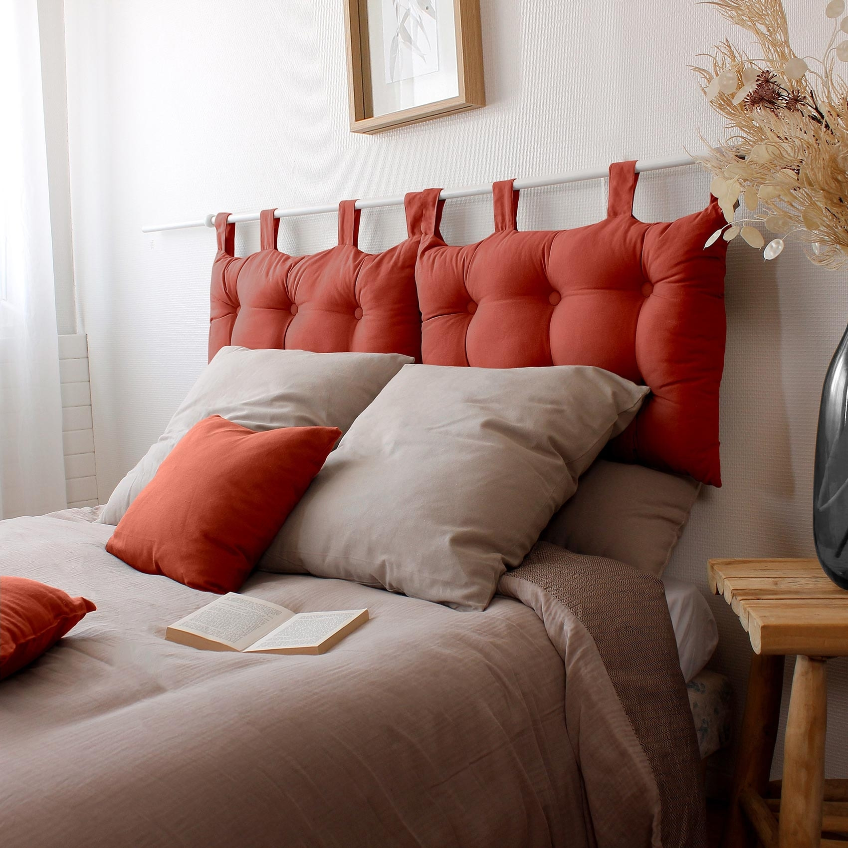 Coussin tête de lit en coton et pattes boutonnées - Brique