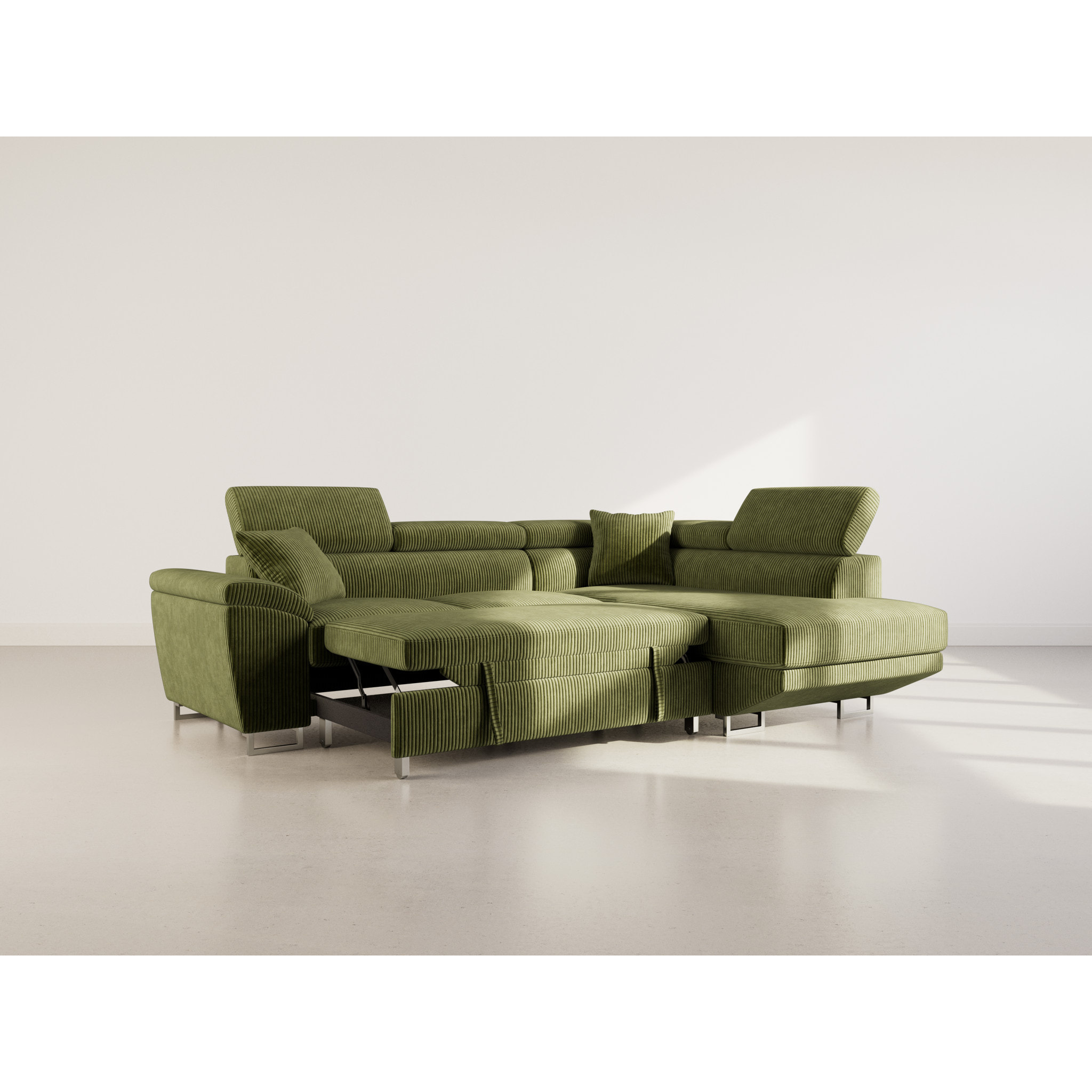 Baoji - Canapé d'angle droit 5 places convertible avec têtières et coffre en velours côtelé - Vert