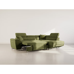 Baoji - Canapé d'angle droit 5 places convertible avec têtières et coffre en velours côtelé - Vert