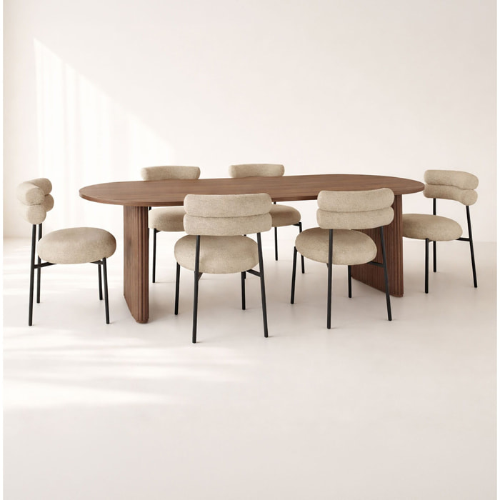 Ensemble table ovale effet noyer et 6 chaises en tweed beige GINA