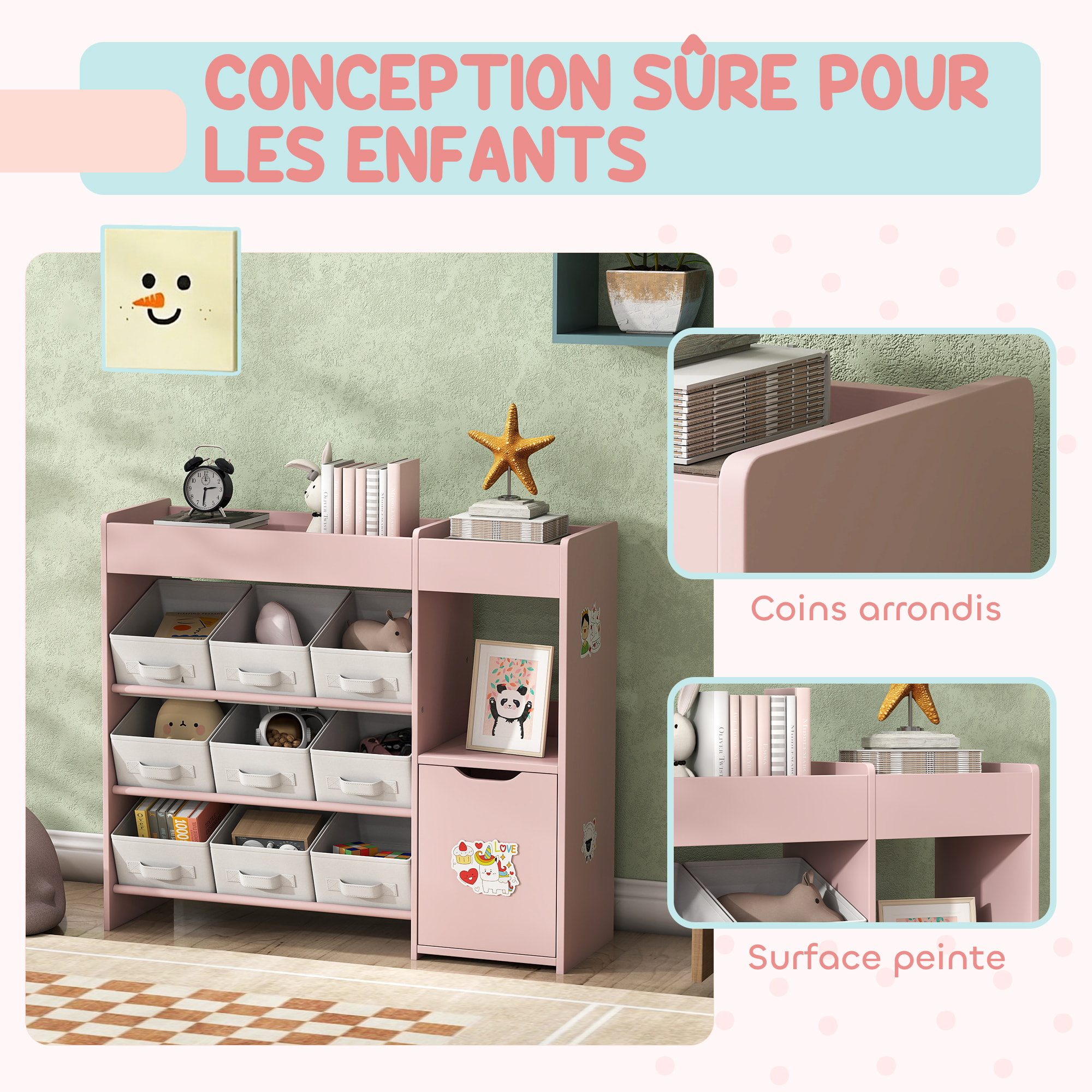 Etagère de rangement enfant pour jouets livres - 9 boîtes amovibles non-tissé - porte, niche, 2 compartiments - blanc rose