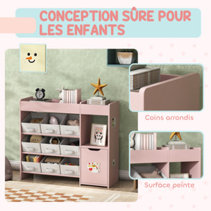 Etagère de rangement enfant pour jouets livres - 9 boîtes amovibles non-tissé - porte, niche, 2 compartiments - blanc rose