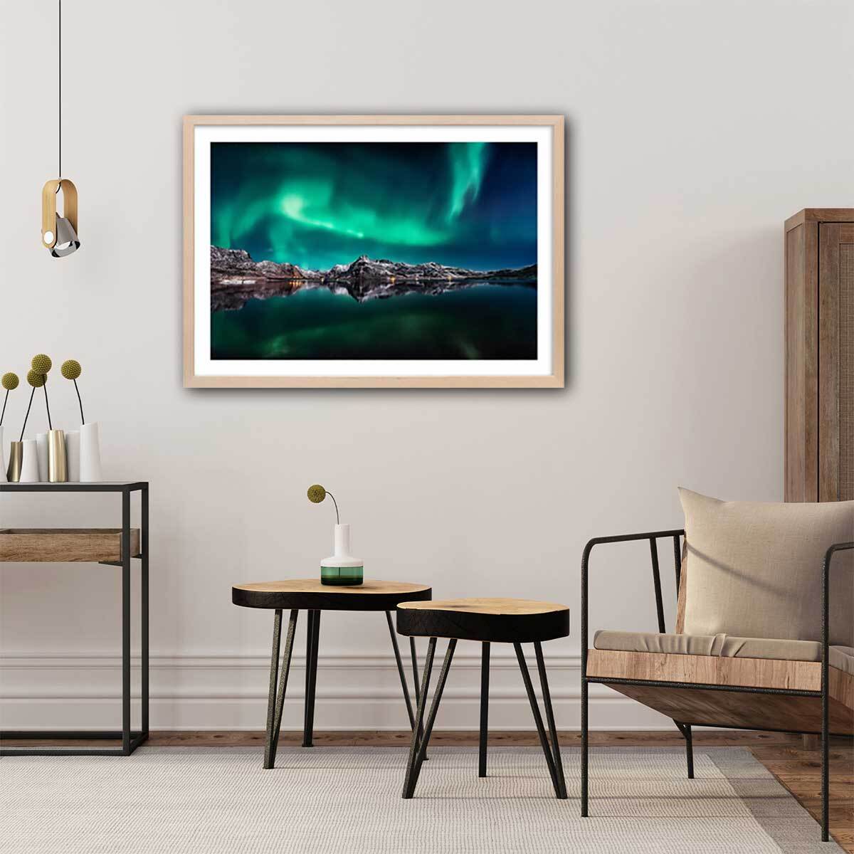 Poster lofoten aurora reflection Affiche + cadre en bois - Chêne