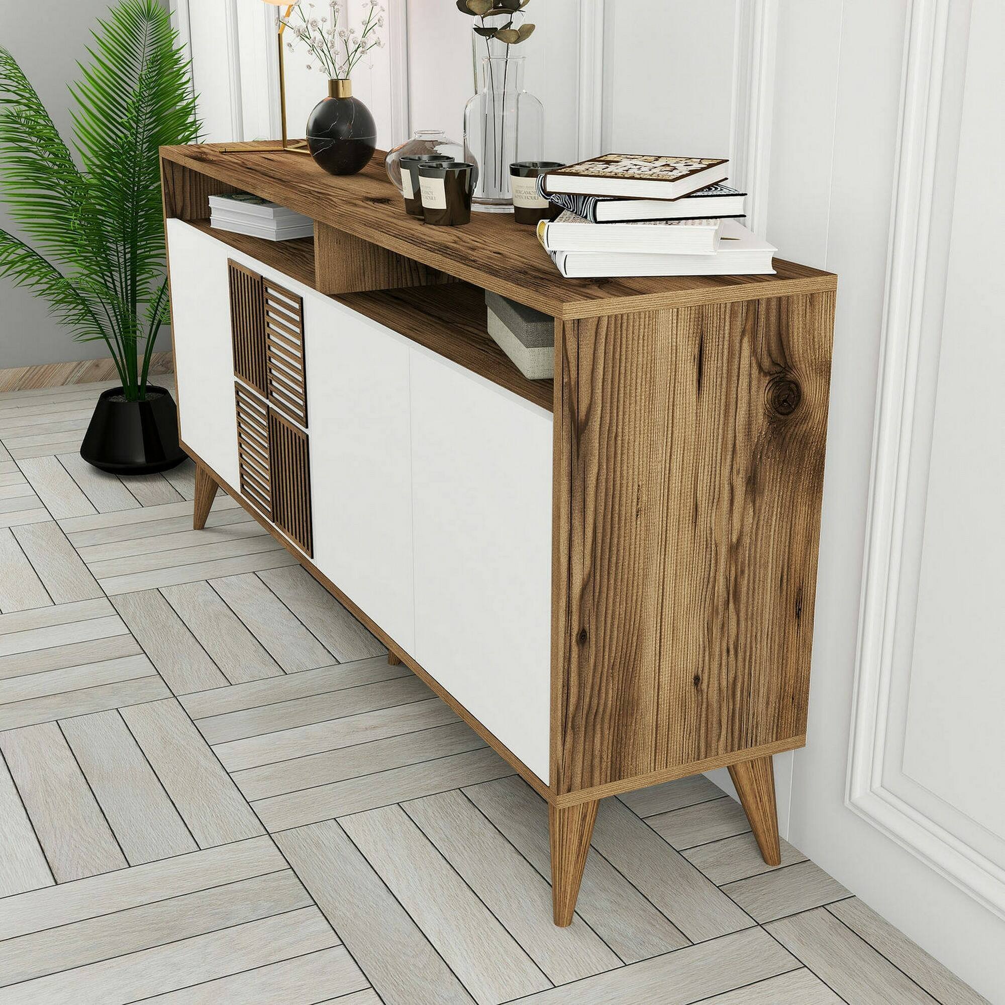 Consolle Garigliano, Credenza da soggiorno, Armadio basso per TV, Base parete attrezzata, 160x35 h79 cm, Noce e Bianco