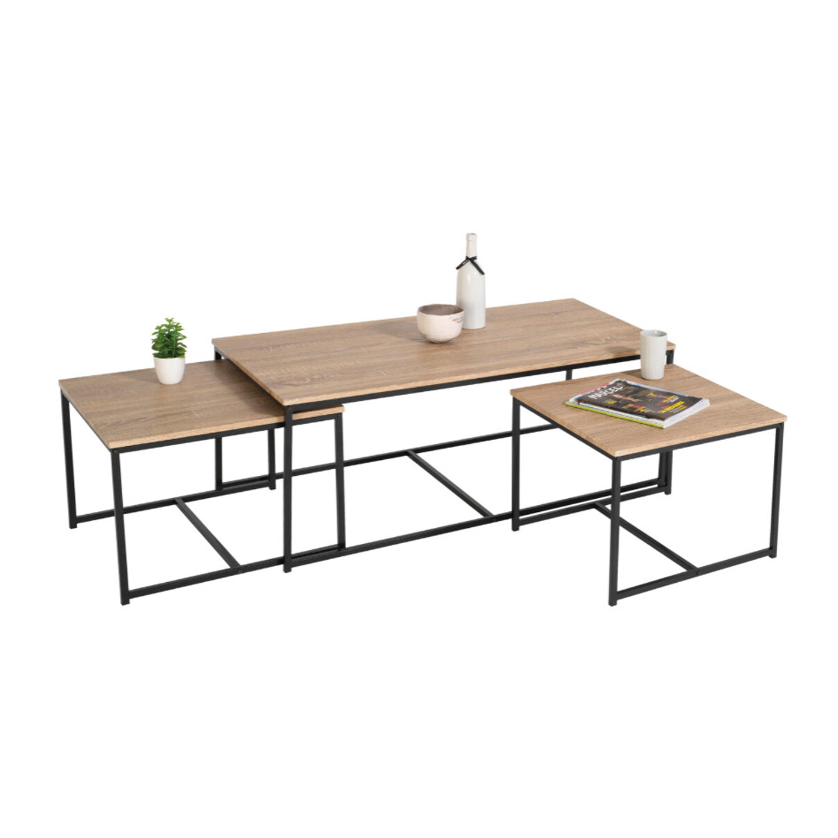 Tables basses gigognes Memphis bois et pieds noirs - lot de 3