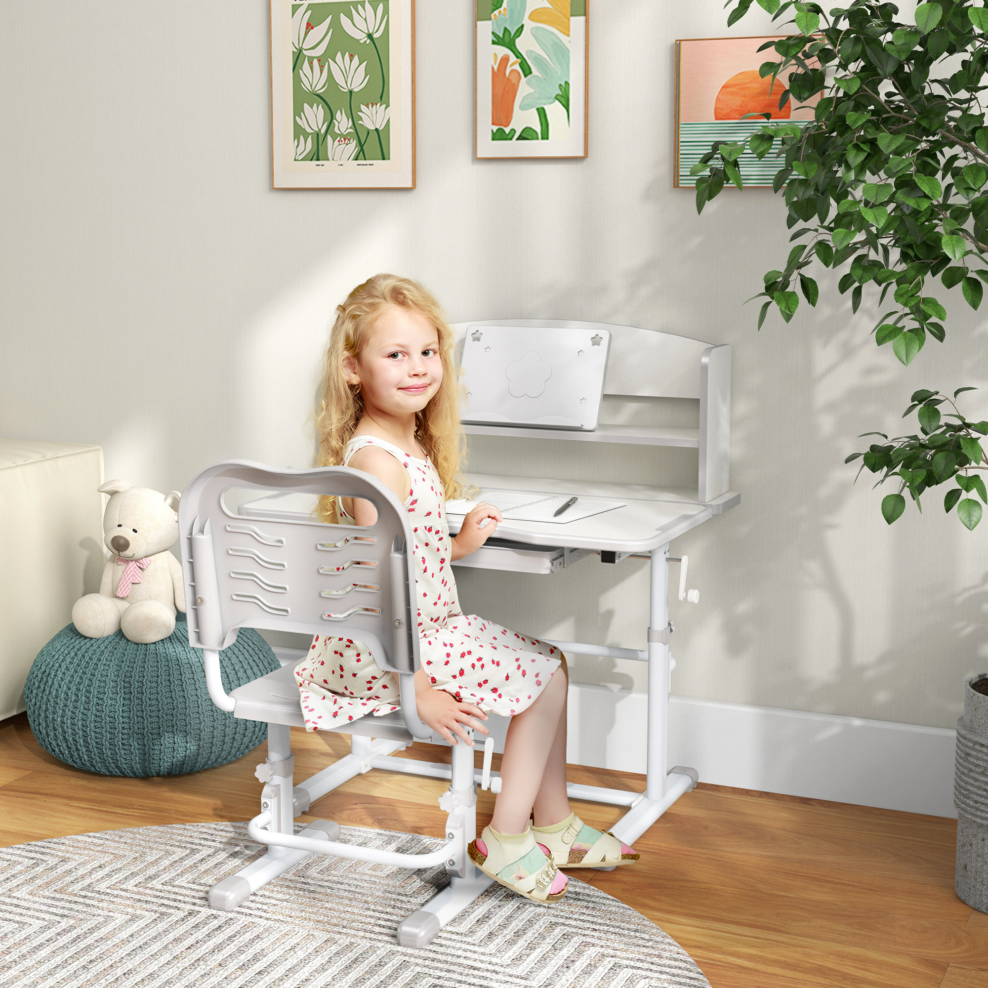 Juego de Escritorio y Silla para Niños de 6-12 Años Pupitre Infantil Altura Ajustable con 1 Cajón 1 Estante para Libros y Ángulo de Mesa Ajustable 80x54,5x82-104 cm Gris y Blanco