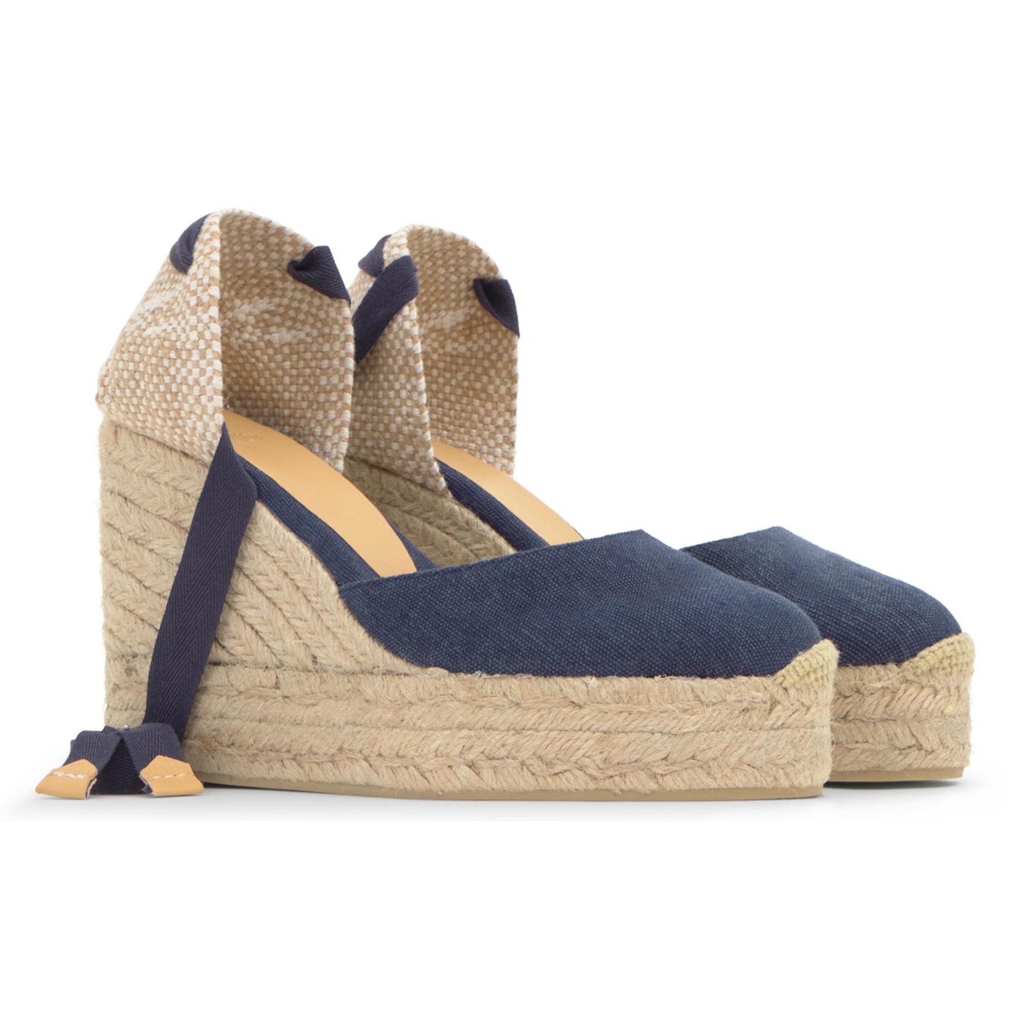 Alpargata de cuña 8 cm en lona de algodón con cintas al tobillo y talonera trenzada