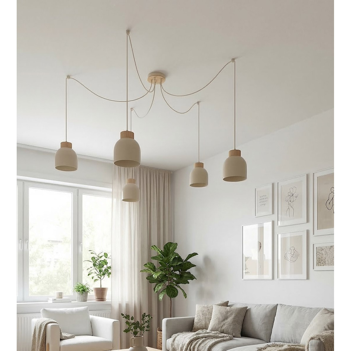 Lampada a sospensione KRU in acciaio beige e legno