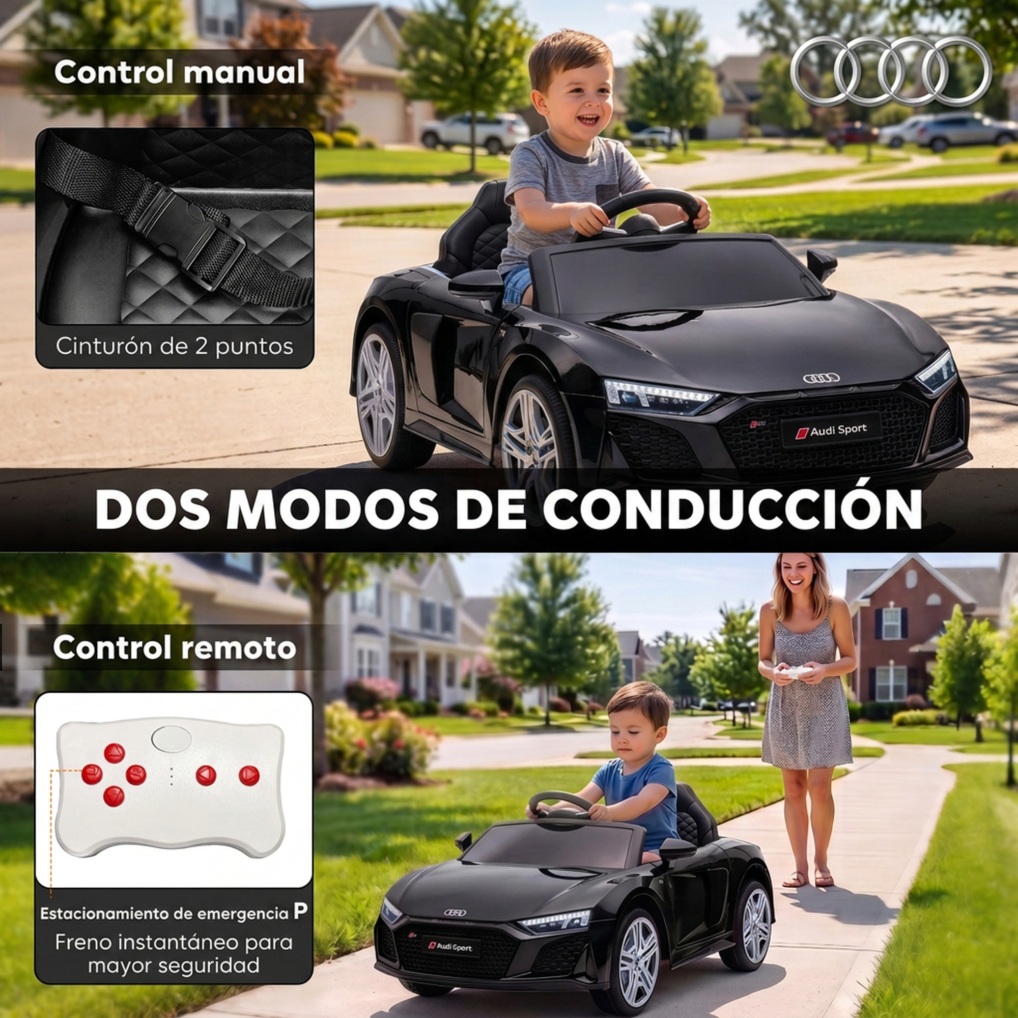 Coche Eléctrico para Niños Audi R8 Spyder Coche de Batería Litio 12V con Mando a Distancia 2,4 G 2 Motores Arranque Suave Suspensión Trasera Música Bocina USB Faros LED +3 Años 3-5km/h Negro