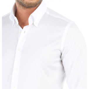 Camicia Uomo 2 Bottoni Button Down Slim Popeline Stretch Unito Bianco