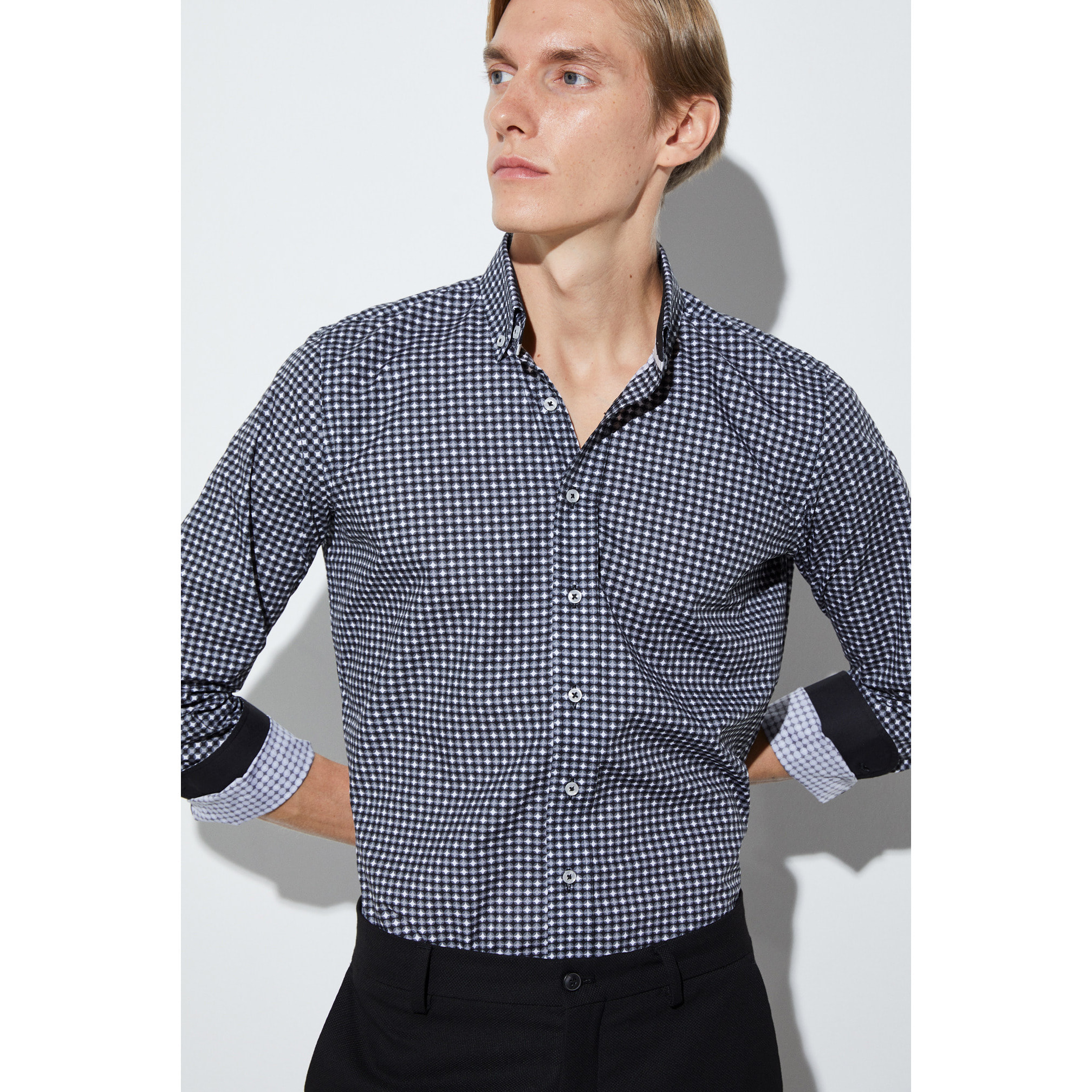 camicia uomo 1 bottone button down slim Popeline Stampato Nero/Bianco