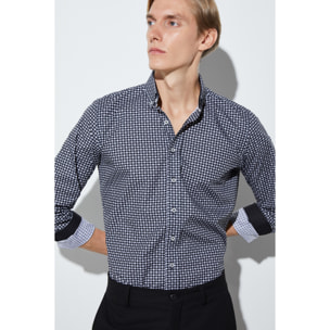 camicia uomo 1 bottone button down slim Popeline Stampato Nero/Bianco