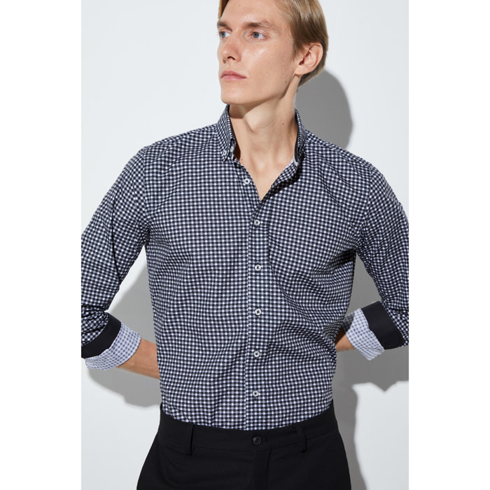 camicia uomo 1 bottone button down slim Popeline Stampato Nero/Bianco