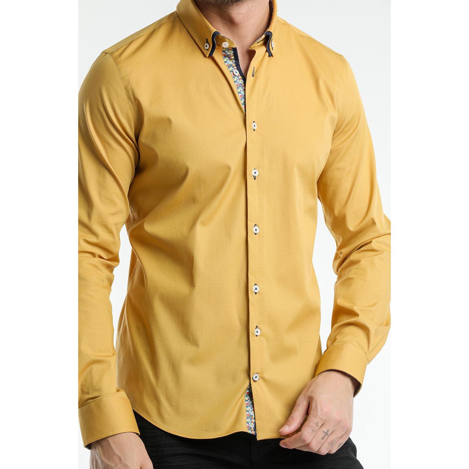 Camicia 1 Bottone Button Down Slim Uomo Popeline Stretch Unito Senape