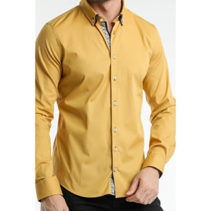 Camicia 1 Bottone Button Down Slim Uomo Popeline Stretch Unito Senape