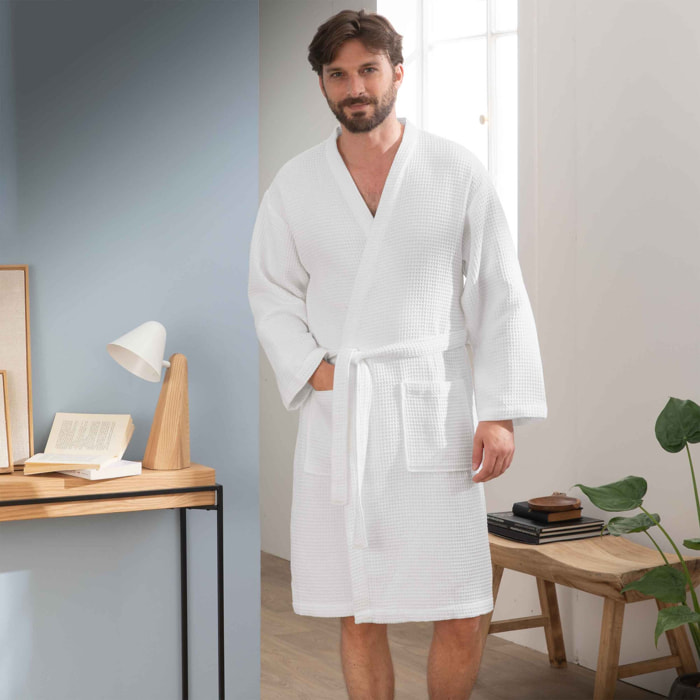 Peignoir mixte col kimono en coton bio, ESPRIT NID D'ABEILLE