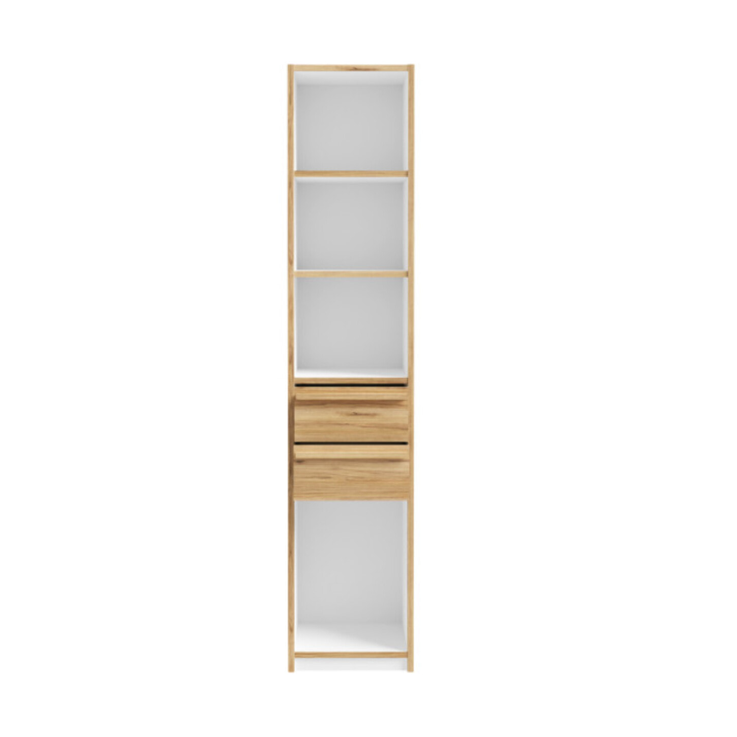 Bibliothèque 44 cm 4 niches 2 tiroirs décors blanc et chêne - BROOM