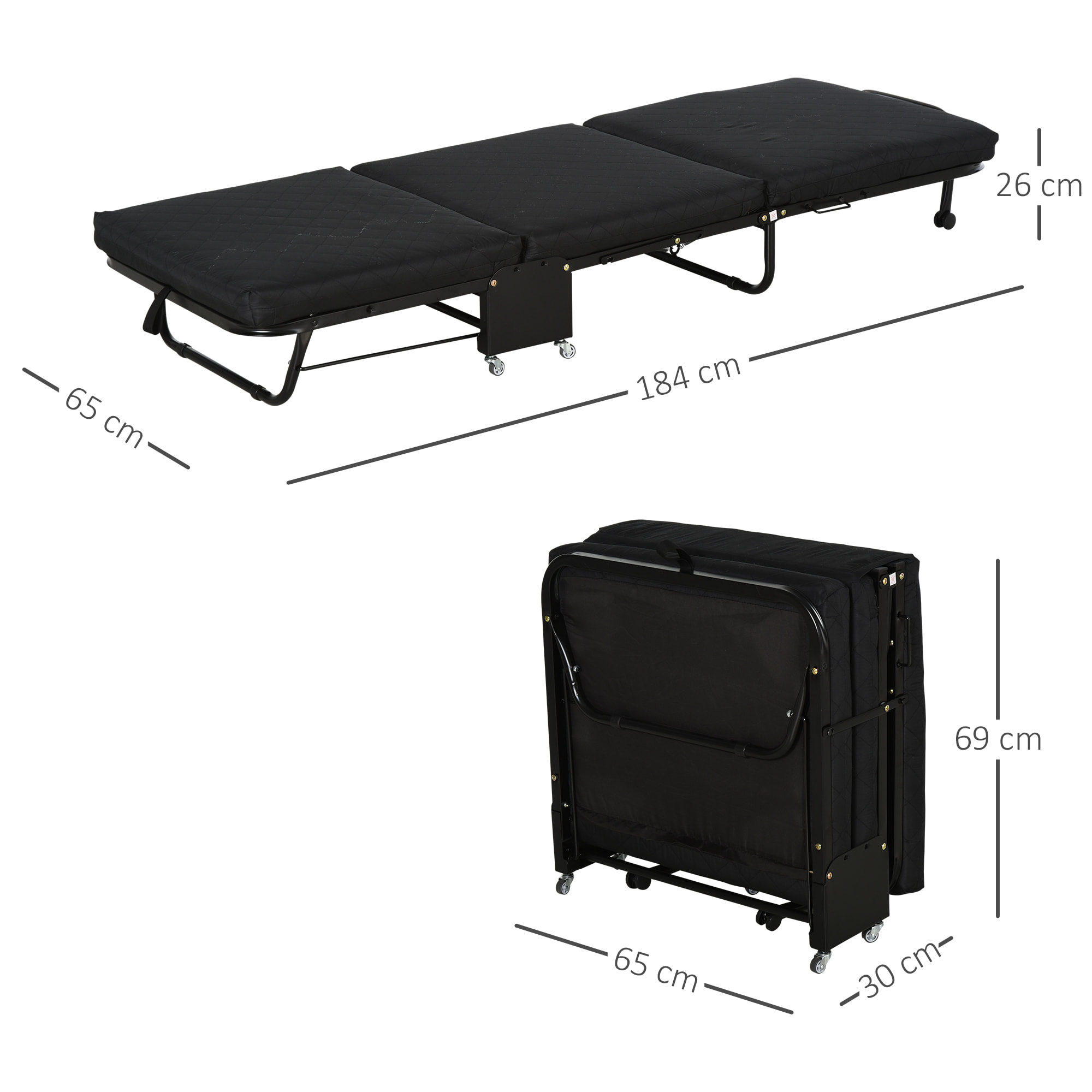 Cama Plegable 184x65 cm Cama Abatible con Cabecera Ajustable en 5 Niveles Ruedas Universales y Estructura de Metal Carga Máx. 120 kg Negro