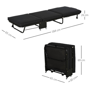 Cama Plegable 184x65 cm Cama Abatible con Cabecera Ajustable en 5 Niveles Ruedas Universales y Estructura de Metal Carga Máx. 120 kg Negro