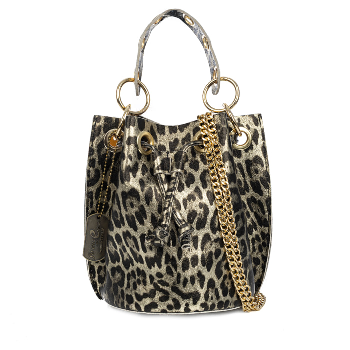 Primavera borsa a mano donna. Pelle autentica Camoscio con stampa animalier leopardo e finitura lucida.