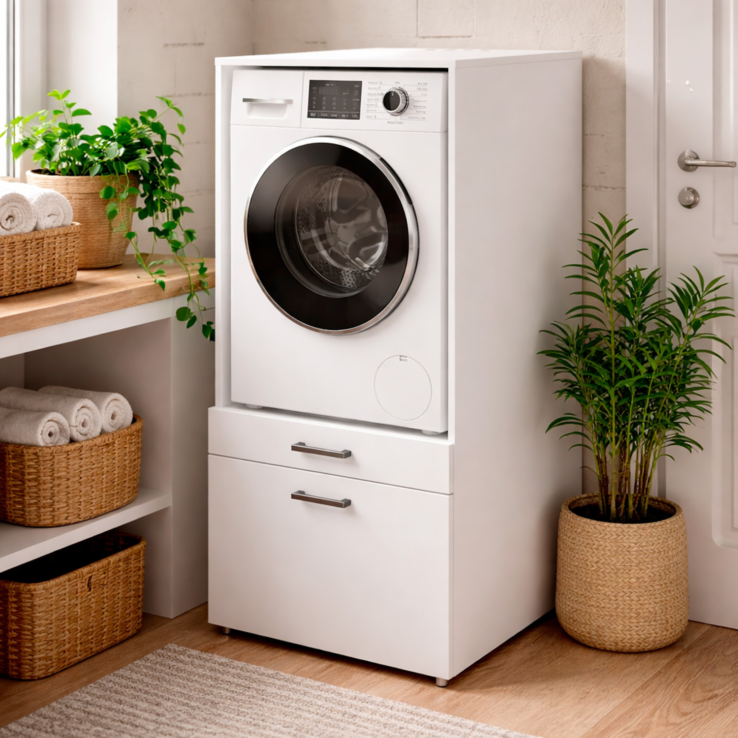 Mobile Lavatrice Con Cassettone Mensola Estraibile Mobiletto Lavanderia Asciugatrice Salvaspazio Con Vano Incasso Piano Appoggio 67×65×144 Cm Bianco