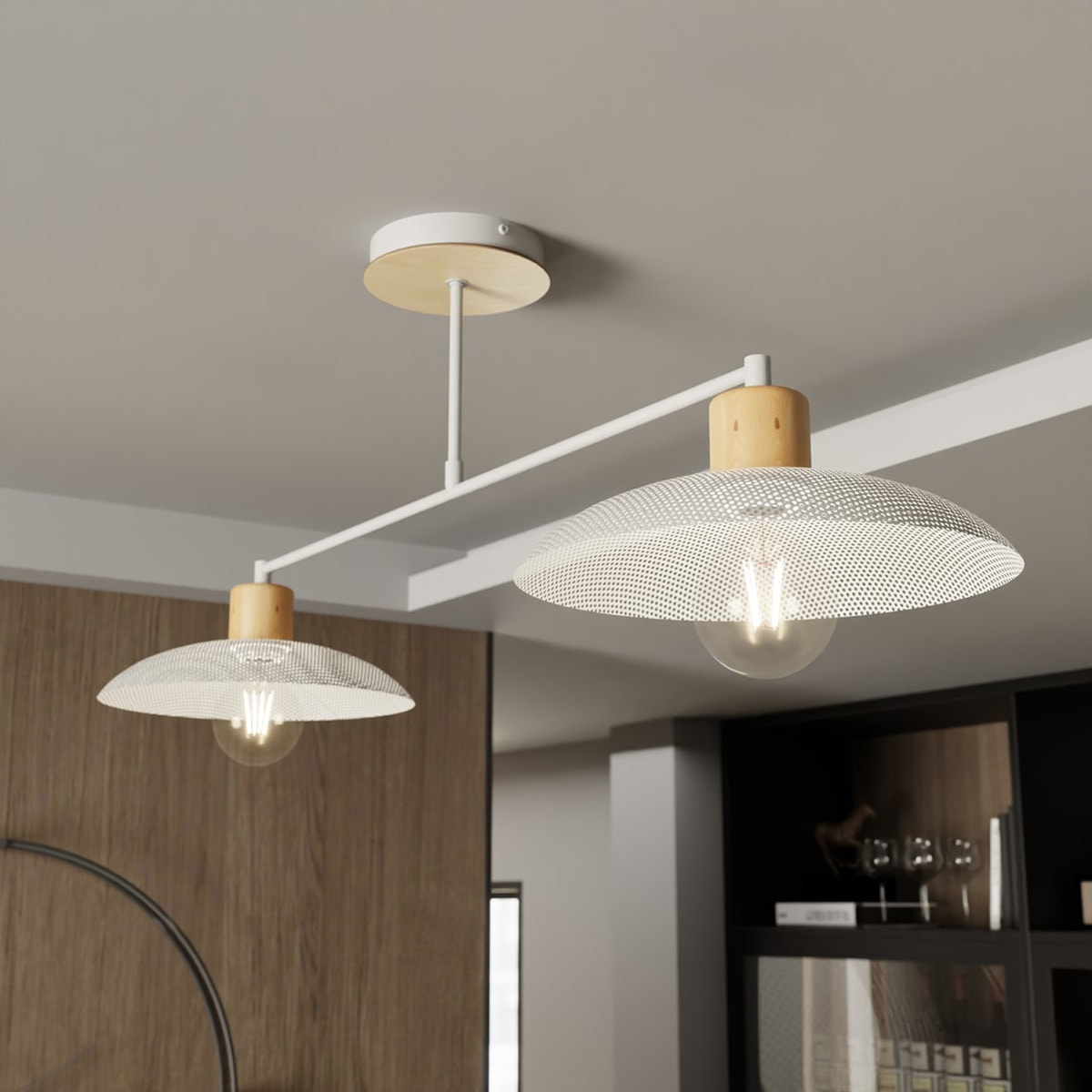 Lampada a sospensione KOBE in acciaio bianco e legno naturale