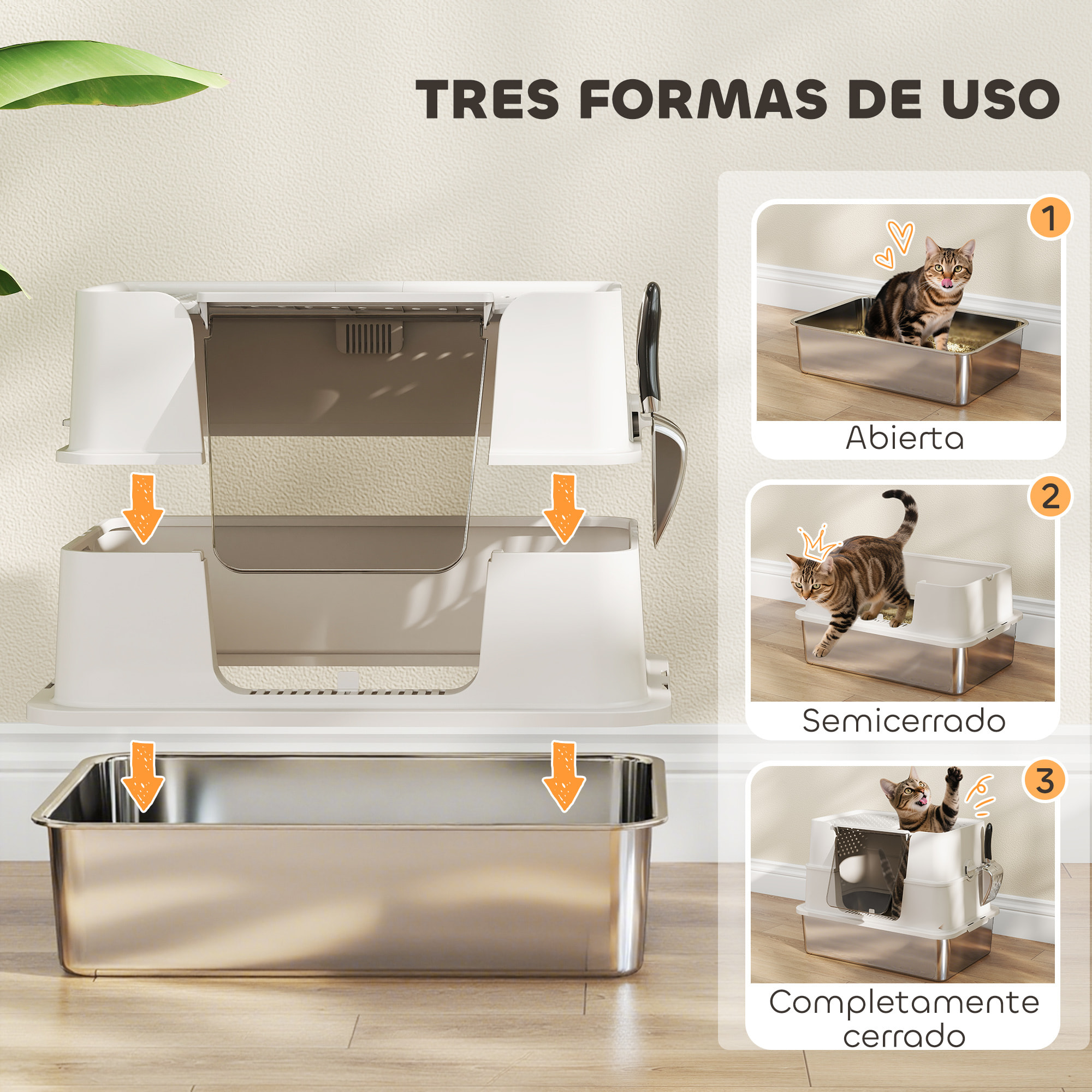 Arenero para Gatos de Acero Inoxidable XL Caja de Arena para Gatos Grandes Arenero con Tapa Abatible Laterales Altos Entrada Superior Pala sin Olores Fácil de Limpiar Antifugas Gris Claro