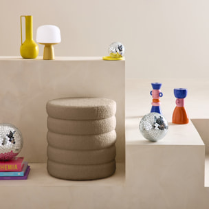 Tabouret en bouclettes taupe avec coffre de rangement intégré