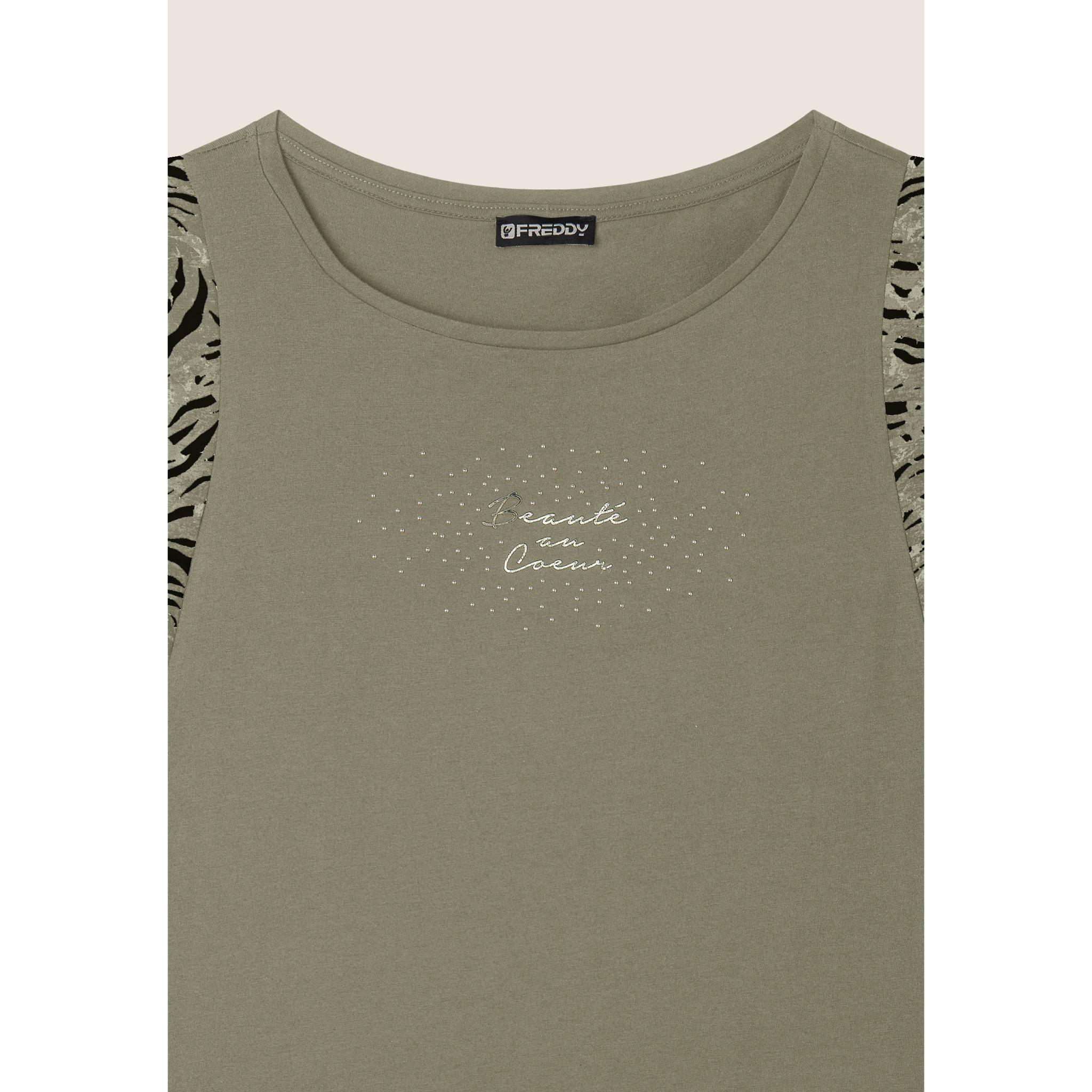 T-shirt senza maniche con dettagli dorati e animalier