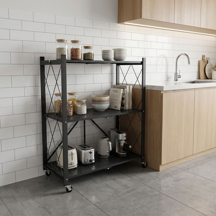 Smithers - Scaffale Carrello Pieghevole Salvaspazio 72x90x33,5 cm 3 Ripiani Richiudibile in Metallo Nero