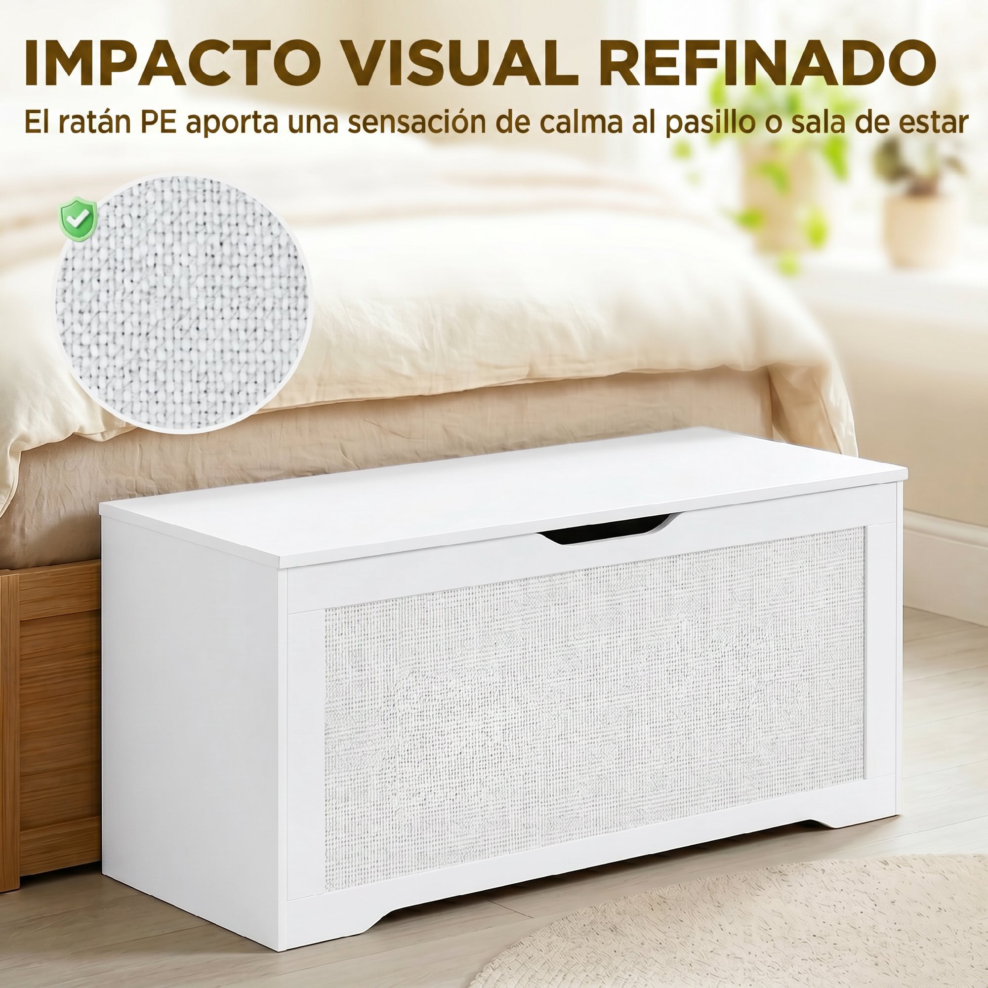 Baúl de Almacenaje 108L, Banco de Almacenaje con Panel de Ratán, Tapa Elevable, Brazos de Soporte, Diseño Sin Tiradores, para Recibidor, Pasillo, Dormitorio, Salón, 80x40x45 cm, Blanco
